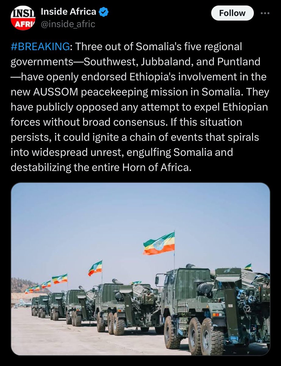 NatnaelMekonne7's tweet photo. #BREAKING: Three out of Somalia's five regional governments—Southwest, Jubbaland, and Puntland—have openly endorsed Ethiopia's involvement in the new AUSSOM peacekeeping mission in Somalia. They have publicly opposed any attempt to expel Ethiopian forces without broad consensus. If this situation persists, it could ignite a chain of events that spirals into widespread unrest, engulfing Somalia and destabilizing the entire Horn of Africa
https://t.co/8KyHL37ED0