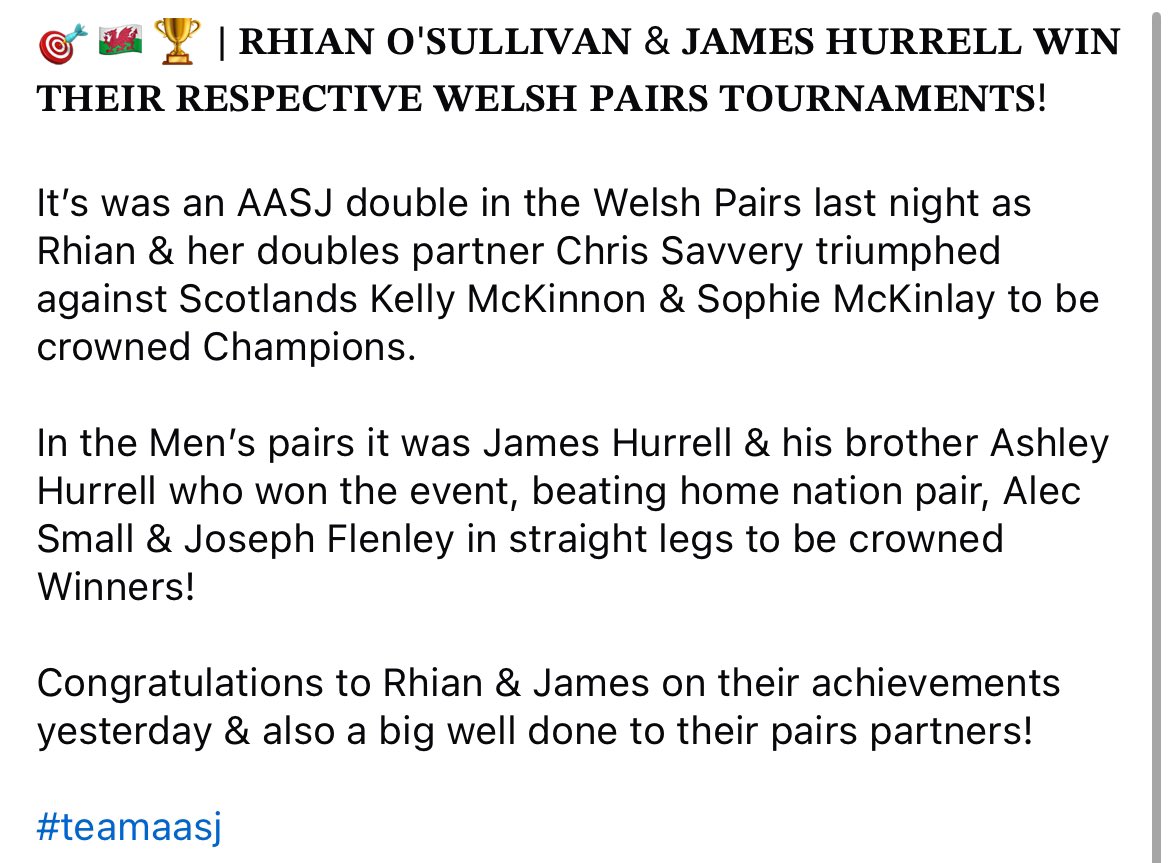 AasjSports's tweet photo. DOUBLE IN THE WELSH DOUBLES! 

Rhian &amp; James won their respective double competitions last night at the Welsh Open

#Darts https://t.co/KbmSvUH9cC