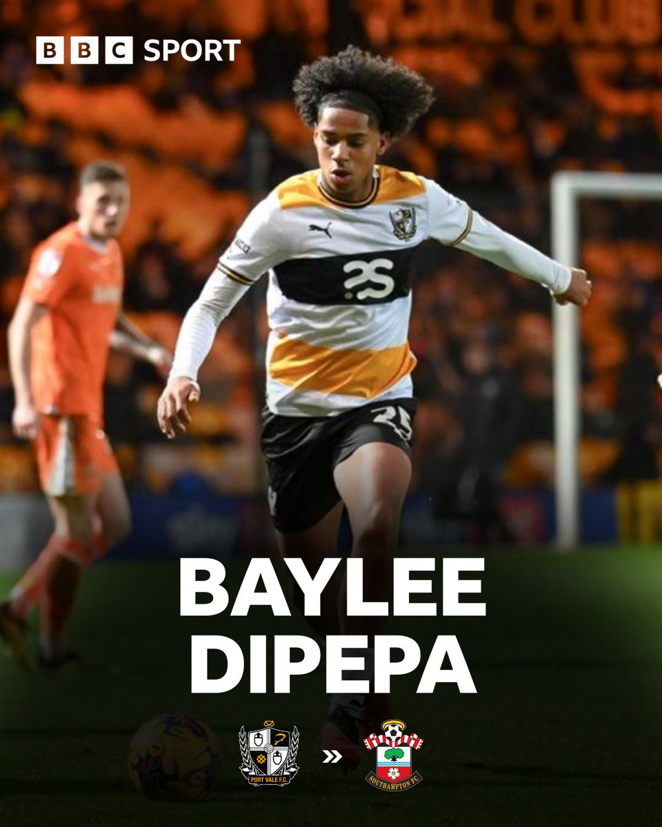 BBCStokeSport's tweet image. BREAKING NEWS

Port Vale striker Baylee Dipepa has joined Premier League side Southampton for an undisclosed fee.

#bbcfootball #saints #PVFC