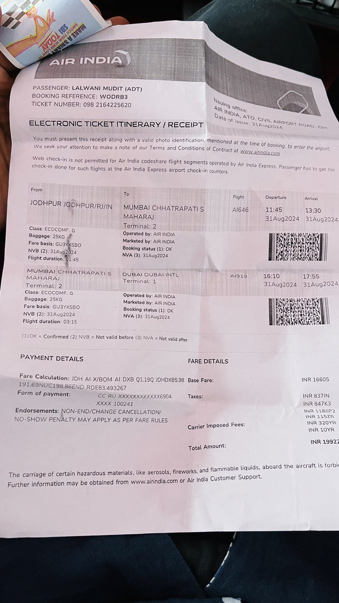 Muditmrinnocent's tweet photo. Dear @airindia 

Cc-@ianuragthakur / @MoTCAmv 

With regards to my to and fro travel from Dubai to India and back I experienced highly disappointing experience from your side. Due to a family emergency I had to reschedule my ticket from 22 August to 11 August.

Part 1 https://t.co/oM78DA6A9Z