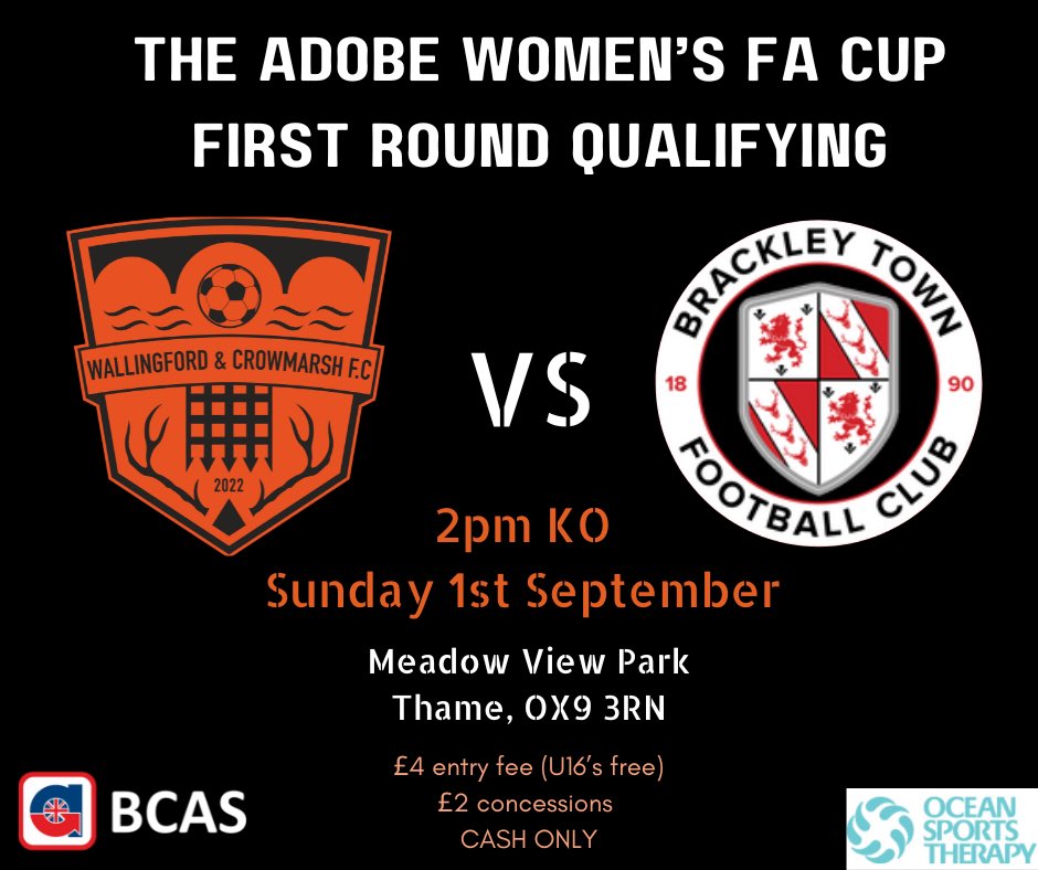 WallingfordLFC's tweet photo. Tomorrow we take on Brackley Town Ladies  in the 1st preliminary round of the FA Cup 🏆

Please note the entry fee which is CASH only:
£4 adults, £2 concessions &amp; U16’s free 

Your support would be amazing 🧡 #UTW

Team sponsor - @bcaslimited https://t.co/mvJNbvyVFd