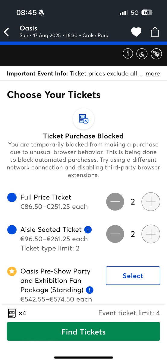 Ryanaldo95's tweet photo. Imagine getting in and blocking you for getting tickets for “unusual browser behaviour” in a waiting queue …  sickener that #Ticketmaster https://t.co/F340lxKjni