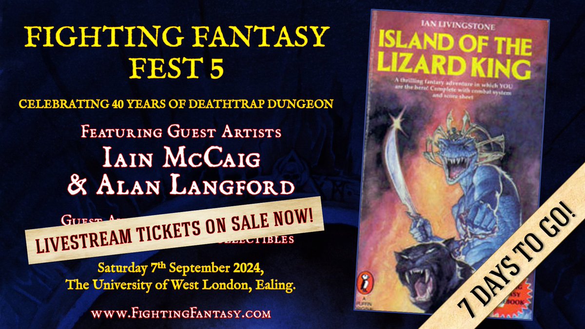 fightingfantasy's tweet photo. Fighting Fantasy Fest 5 is happening one week today! https://t.co/yQ7QVAclrC #fightingfantasy #gamebooks @ian_livingstone #FFFest5 #selfpromosaturday #PleaseShare https://t.co/FZEZbcCDy7