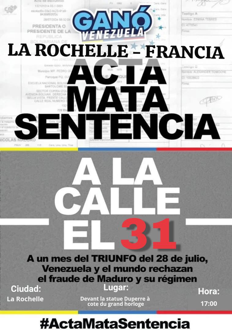 DialogoPVF's tweet photo. HOY sábado 31 agosto, “DIÁLOGO POR VENEZUELA-FRANCIA” se une a la denuncia del fraude electoral de N. Maduro
Francia manifiesta en:
· LA ROCHELLE: Delante de la estatua Duperré -  5:00pm
· LILLE: Grand Pace de Lille - 8:00pm a 10:00pm
· PARÍS: Place de la Bastille - 5:00 a 8:00pm https://t.co/l51EHhyH0N