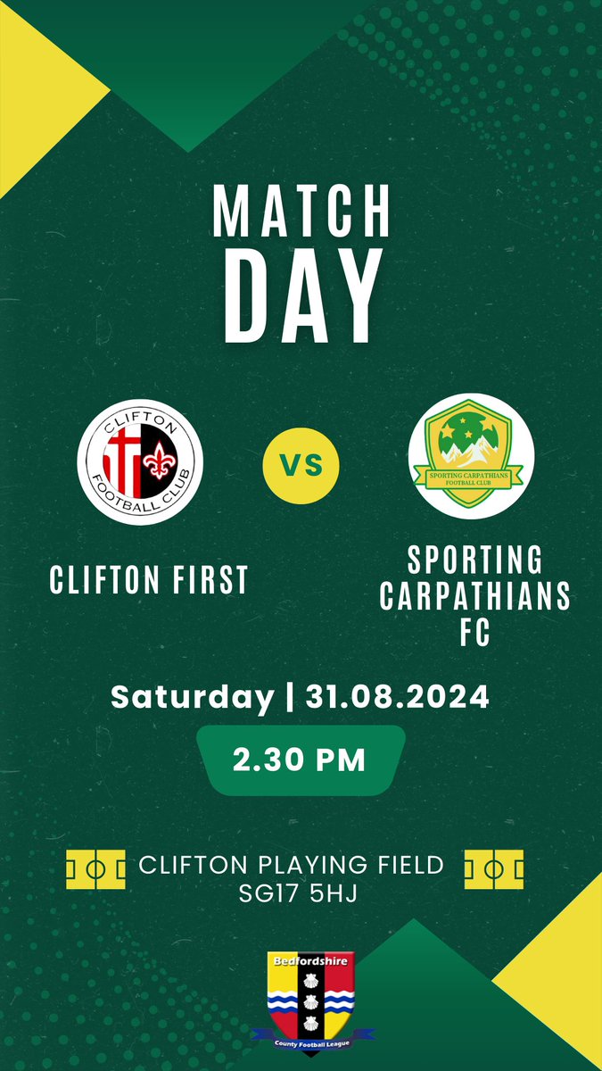 Sporting Carpathians FC (@carpathiansfc) on Twitter photo 🎉 Match Day
The new league season kicks off today, and we're taking on <a href="/CliftonFC__/">Clifton FC</a>
🏆Bedfordshire County Football League, Division One 📅Date: 31st August 2024
⏰ Kickoff: 14:30
📍Venue: PLAYING FIELDS WHISTON CRESCENT, CLIFTON SG17 5HJ
Let's Goooooooo 🔥 🎉 Match Day
The new league season kicks off today, and we're taking on <a href="/CliftonFC__/">Clifton FC</a>
🏆Bedfordshire County Football League, Division One 📅Date: 31st August 2024
⏰ Kickoff: 14:30
📍Venue: PLAYING FIELDS WHISTON CRESCENT, CLIFTON SG17 5HJ
Let's Goooooooo 🔥