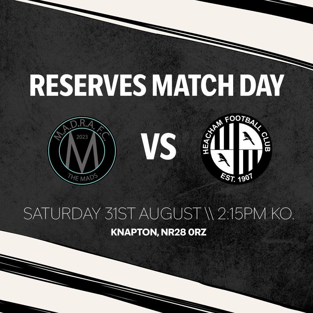 HeachamFC's tweet photo. It's football day! The first team are at home to face Thetford Town while the reserves are travelling to Knapton to face Madra.

⚽ Heacham First Team vs Thetford Town - 3pm KO, PE31 7HG, Gates open at 2pm.

⚽ Madra vs Heacham Res- 2:15pm KO, NR28 0RZ.

Up the magpies ⚫⚪ https://t.co/54sKxtFL5n