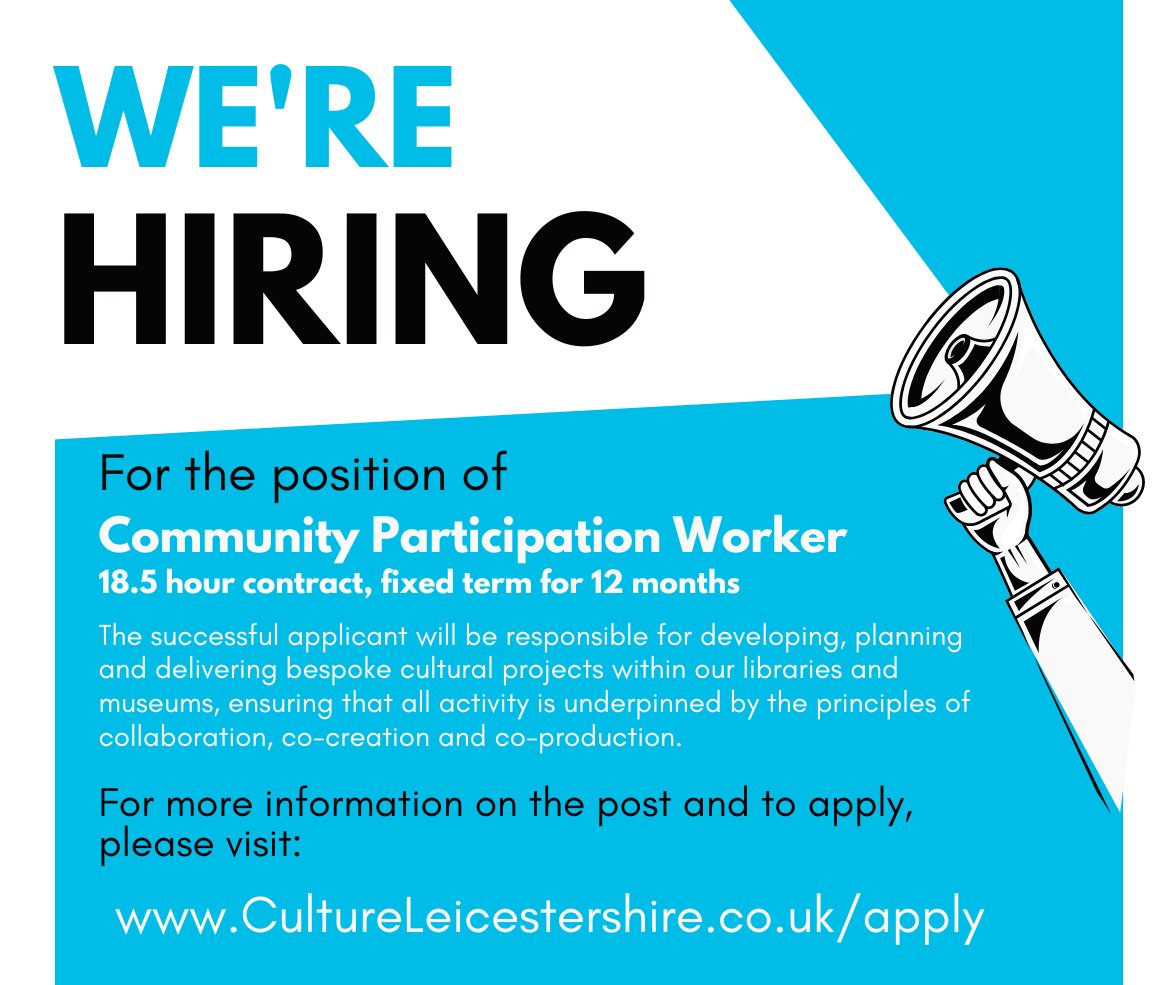 🌟! APPLICATIONS CLOSE TOMORROW !🌟

We're hiring to the position of Community Participation Worker to join us here at Culture Leicestershire! 
To apply, visit cultureleicestershire.co.uk/apply/ 
The closing date for applications is Sunday 1st Sept @LeicsLibraries #letscreate