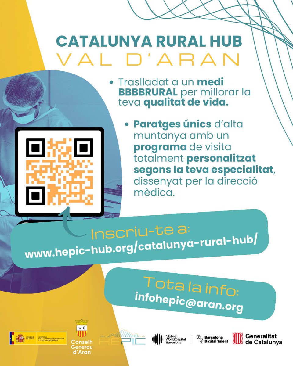 tic's tweet photo. 🏞️ Estàs cansat de l'estrès de la ciutat i t'agradaria viure a la muntanya?
El projecte #CatalunyaRuralHub #ValAran fa una crida als metges i metgesses que vulguin viure una nova experiència en un entorn rural👩⚕️
✍🏼 Inscripcions: https://t.co/jAPE7lT8W8
@conselharan i @HePic_HUB https://t.co/i49BBXyovC