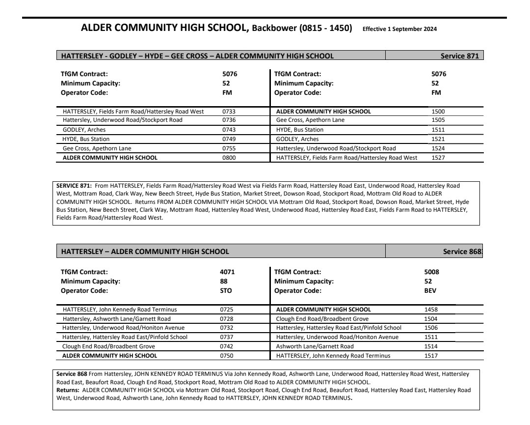 🚍| The school bus service will be running from Wednesday 4th September. Please note the revised timetable as the 868 will now operate 10 minutes earlier in the morning.