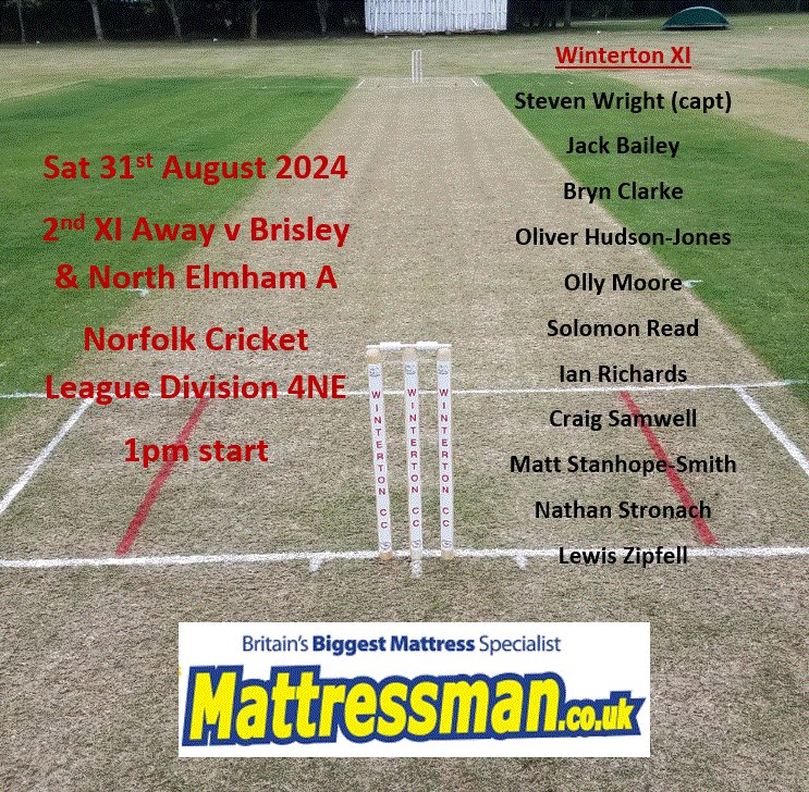 Today's games:
1st XI Home v <a href="/frettenhamcc/">Frettenham Cricket Club</a> 
2nd XI Away v <a href="/BrisleyCricket/">Brisley Cricket Club</a> A
Good luck to both teams.