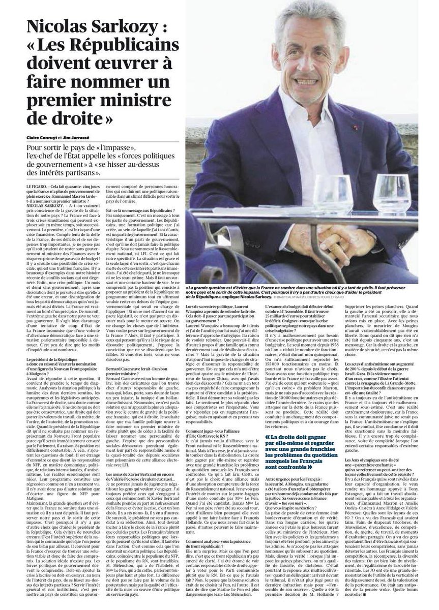 BDeflesselles's tweet photo. @NicolasSarkozy rappelle dans le @Le_Figaro que ce qui doit guider la droite républicaine est exclusivement l’intérêt de la #France 
« @xavierbertrand porte cet engagement et cette détermination. Refuser de gouverner ce n’est pas reconstruire la droite, c’est la condamner » https://t.co/VbH9di7lY8