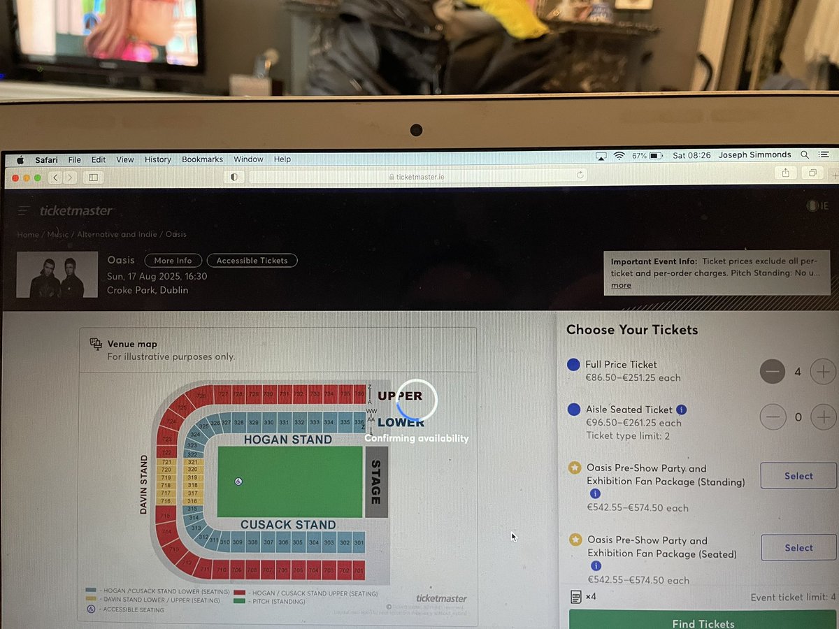 joesimmo85's tweet photo. Got in the queue for tickets to see @oasis in Dublin on the Sunday. Managed to get to the buy tickets page on @TicketmasterIre at 08:23. Selected tickets. Been on the confirming availability buffer for nearly 45 minutes. Not great #ticketmaster #ticketmasterIre https://t.co/YYxeNpyOb3