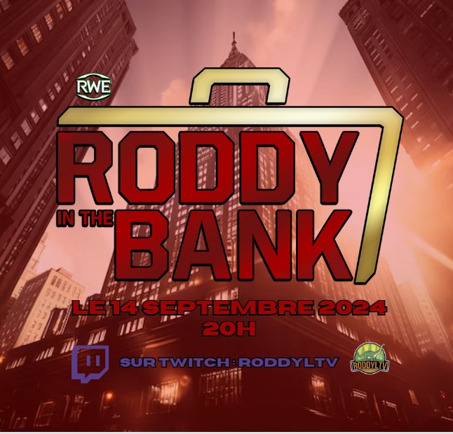 Rendez-vous le Samedi 14 Septembre à 20H pour l'événement RWE Roddy In The Bank ! 16 streamers, 7 matchs , 2 championnats, 1 malette ! Et évidemment de la bagarre et du fun ! 🔥👊
#twitch
#twitchfr #twitchstreamer #WWE #wwe2k #twitchevent
#fun