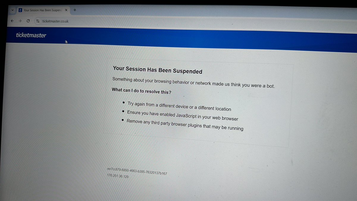 RClarky06's tweet photo. @TicketmasterUK kicks you out every 2 seconds. Queue up for an hour then times you out. Try to refresh and suspends my activity. Joke https://t.co/ahPmEVlsiC
