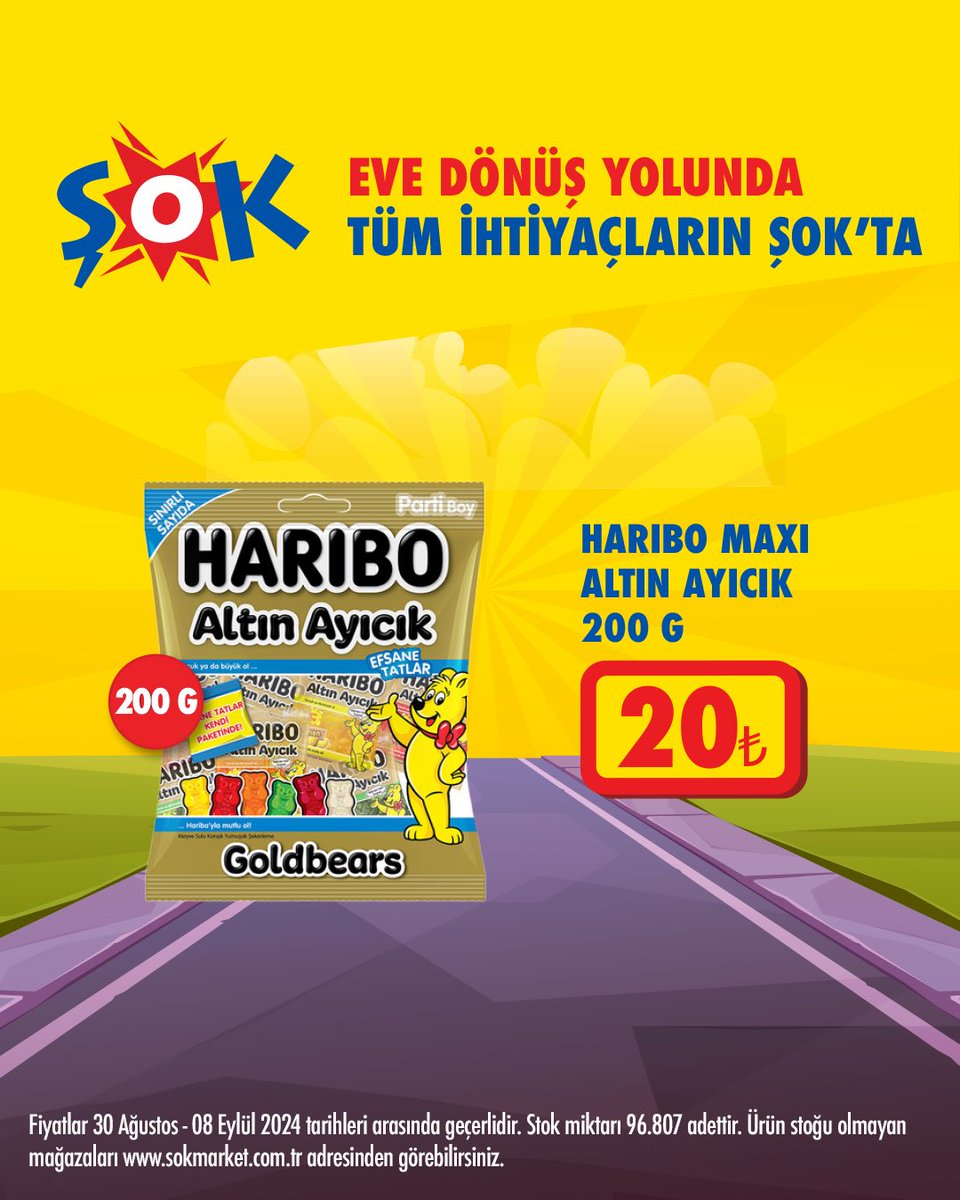 SokMarketler's tweet photo. Eve dönüş yolunda tüm ihtiyaçların #ŞOK’ta! 💛
Haribo Altın Ayıcık #ŞOKUcuz fiyatıyla hem #ŞOK’ta hem de #CepteŞOK’ta! 🤩
#BackToCity
https://t.co/aWD7W052mo https://t.co/2QmhXaZ3mH