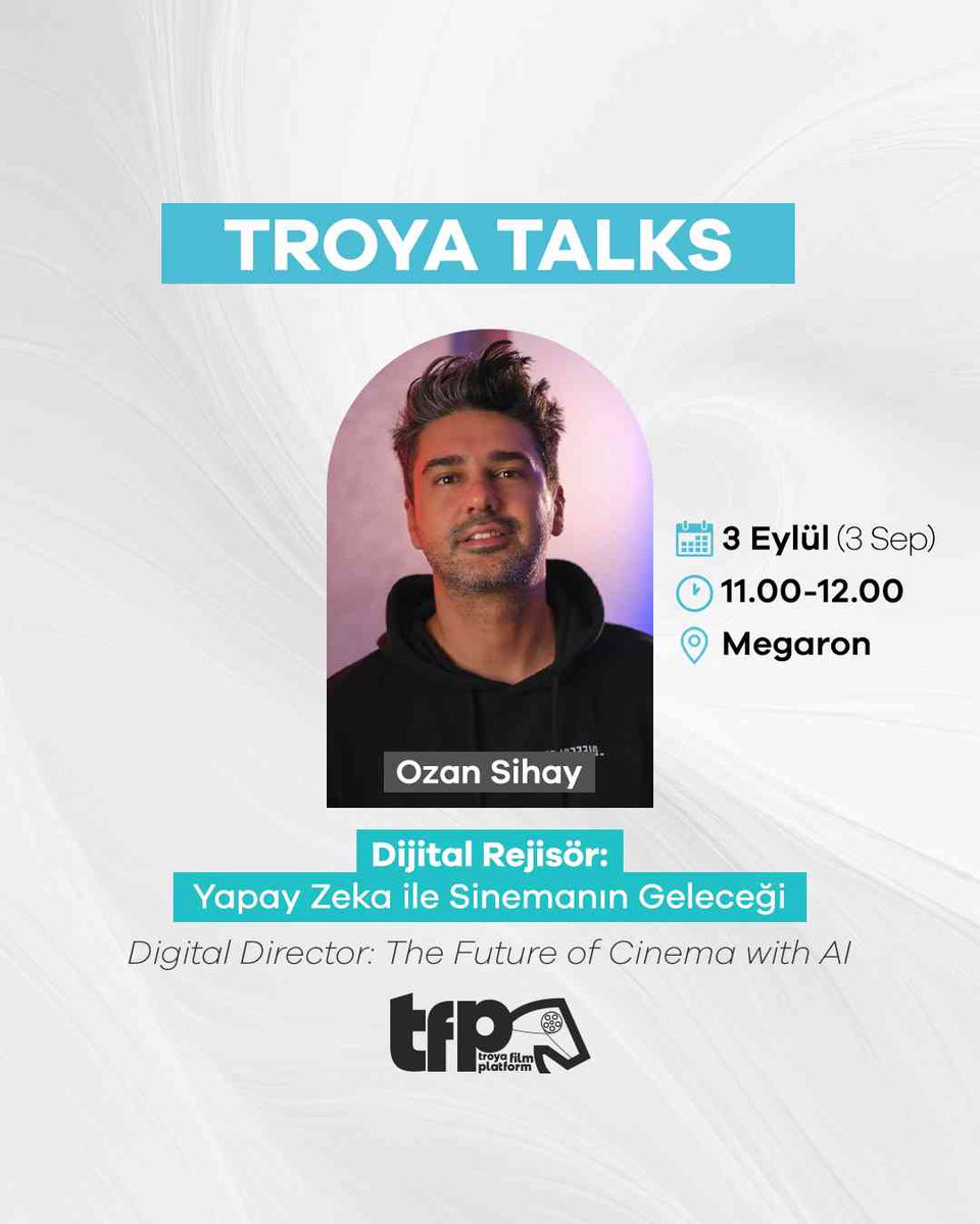 Ozan Sihay'ın katılımıyla gerçekleştirilecek "Dijital Rejisör: Yapay Zeka ile Sinemanın Geleceği" isimli Troya Talks etkinliğine davetlisiniz. 

📅 3 Eylül / 3 
🕚 Saat 11.00-12.00 
📍Kolin Hotel - Megaron

#TroyaTalks #TFP2024 #TroyaFilmPlatform