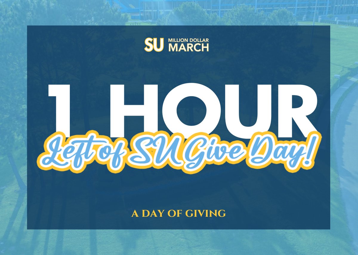 SUTrueBlue's tweet photo. ONE. HOUR. TO GO!! We're in the final stretch SU!! Let's bring it home!!! 
🕚 📣 
https://t.co/c3inI4VPov https://t.co/kaJ4oNZkpR