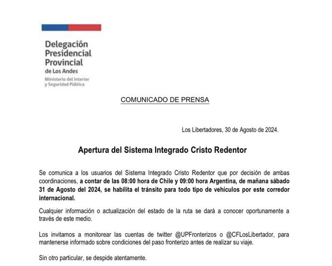PatricioGaticaM's tweet photo. La @DPPLosAndes informó la APERTURA del Complejo Fronterizo Los Libertadores, este sábado 31 de agosto  a contar de las 08:00 horas de #Chile y 09:00 horas de #Argentina para todo tipo de vehículos. @CFLosLibertador https://t.co/fFtbOUIExZ