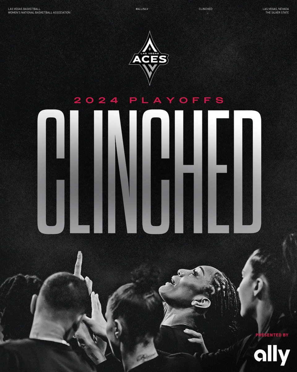 LVAces's tweet photo. 𝗣𝗟𝗔𝗬𝗢𝗙𝗙𝗦 𝗖𝗟𝗜𝗡𝗖𝗛𝗘𝗗 ♠️♦️

The Las Vegas Aces have officially clinched a spot in the 2024 @WNBA Playoffs!

2024 Playoffs Presented by @ally // #ALLINLV https://t.co/LGFehBxUR7