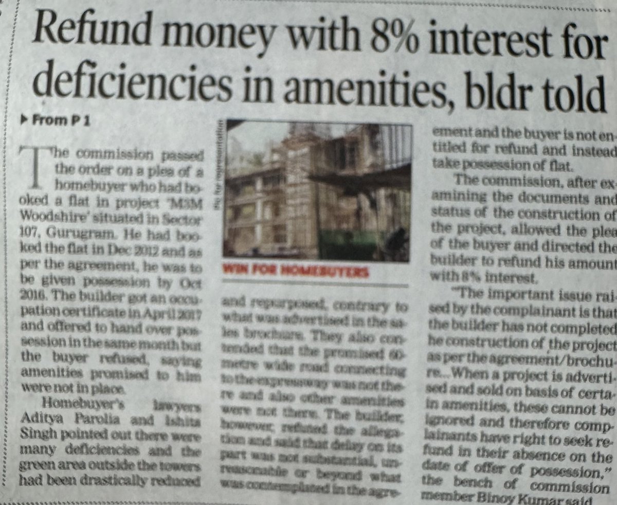 Good news for buyers…
If amenities not provided as per agreement/ brochure they can seek refund of amount on date of offer of possession  with 8% interest… NCDRC rules…👇

<a href="/singhvarun/">Singh Varun</a> <a href="/VishalBhargava5/">Vishal Bhargava</a> <a href="/CAPratikKarpe/">Pratik Karpe</a> <a href="/pallavict/">PallaviCT</a> <a href="/SunshineTalkies/">Toofani Devi</a> <a href="/MehulThakkar_/">Mehul R. Thakkar</a>