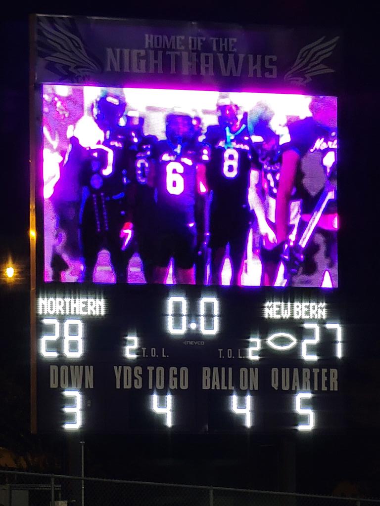 Huge win for us tonight over New Bern! Hard fought game and proud of everyone on the team and coaches for never giving up! Final score in overtime 28-27!! 2-0 Baby! Stats are coming soon. <a href="/247Sports/">247Sports</a> <a href="/BRocheSports/">Bryant Roche</a> <a href="/NC_MaxPreps/">North Carolina MaxPreps</a> <a href="/ncsa/">NCSA College Recruiting</a> <a href="/gobigrecruiting/">Go Big Recruiting</a> <a href="/PrepRedzoneNC/">Prep Redzone North Carolina</a> <a href="/NPCoachJeff/">Jeff@nationalpreps.com</a>