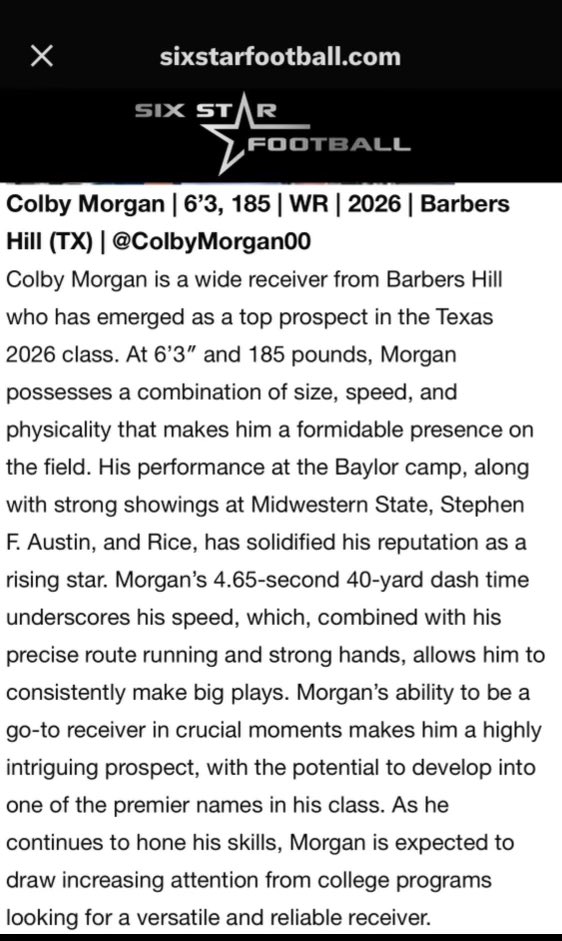 Colby Morgan (@colbymorgan00) on Twitter photo Thank you <a href="/sixstarfootball/">Six Star Football | PLUS+</a> for the write up! @abseckbhfb <a href="/TxEliteAthletes/">Elite Training Academy</a> <a href="/CoachNelson_/">Chance Nelson</a> <a href="/Coachstephens82/">Mitchell Stephens</a> <a href="/RecruitBH/">BH Recruiting</a> Thank you <a href="/sixstarfootball/">Six Star Football | PLUS+</a> for the write up! @abseckbhfb <a href="/TxEliteAthletes/">Elite Training Academy</a> <a href="/CoachNelson_/">Chance Nelson</a> <a href="/Coachstephens82/">Mitchell Stephens</a> <a href="/RecruitBH/">BH Recruiting</a>