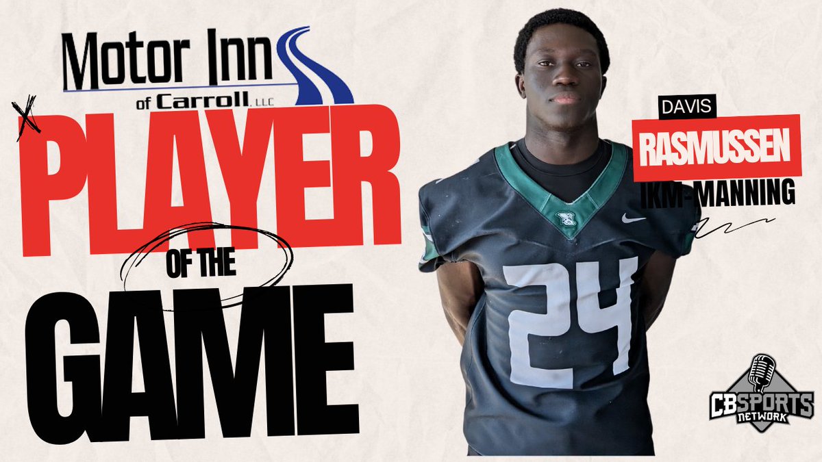 huskerblankman's tweet photo. Congratulations to Davis Rasmussen of IKM-Manning on being named Motor Inn Player of the Game vs East Sac on Friday, August 30th. Rasmussen had 12 carries for 153 yards with 2 TDs, along with a 16-yard TD catch. He was 7-7 on PAT's. The Wolves won 49-34. https://t.co/ituBqwv3Qe