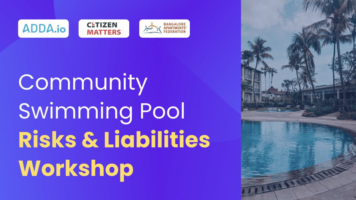 ADDA (@addasoftware) on Twitter photo The Residential Community Swimming Pool - Risks & Liabilities Workshop is in session now! 350+ Committee members registered! <a href="/citizenmatters/">Citizen Matters</a> <a href="/BAFBLR/">Bangalore Apartments' Federation</a> The Residential Community Swimming Pool - Risks & Liabilities Workshop is in session now! 350+ Committee members registered! <a href="/citizenmatters/">Citizen Matters</a> <a href="/BAFBLR/">Bangalore Apartments' Federation</a>
