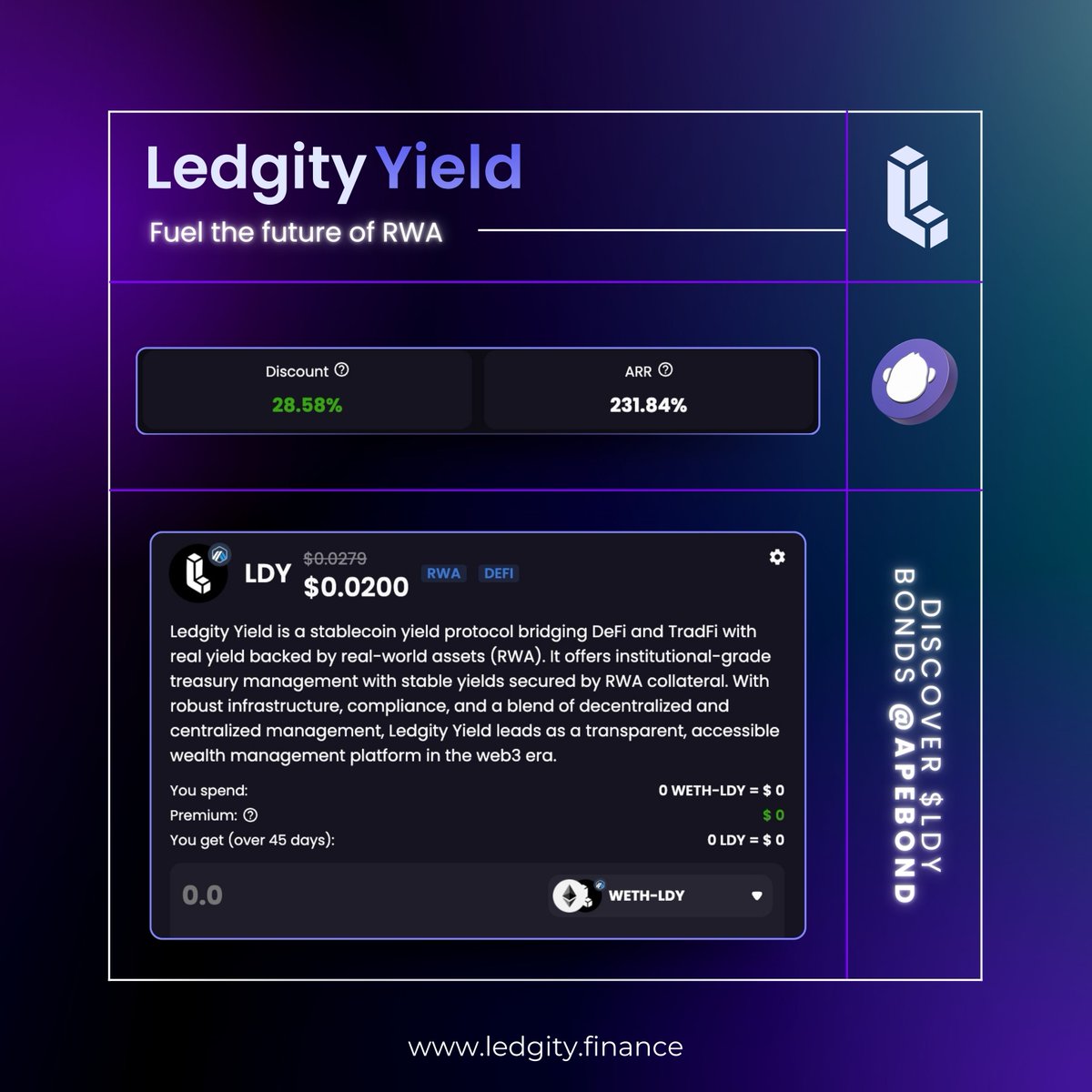 LedgityYield's tweet photo. Fuel the future of RWA-discover $LDY Bonds @ApeBond ✅
🤑Get 220% APR ➡️ https://t.co/jGYn8gl8HM
Join us now and be part of the DeFi revolution. 🔥
#Ledgity #LDYBonds #RWA #DeFi #Crypto #PassiveIncome #YieldFarming #InvestSmart
#RWA https://t.co/Ltv4x7COU8