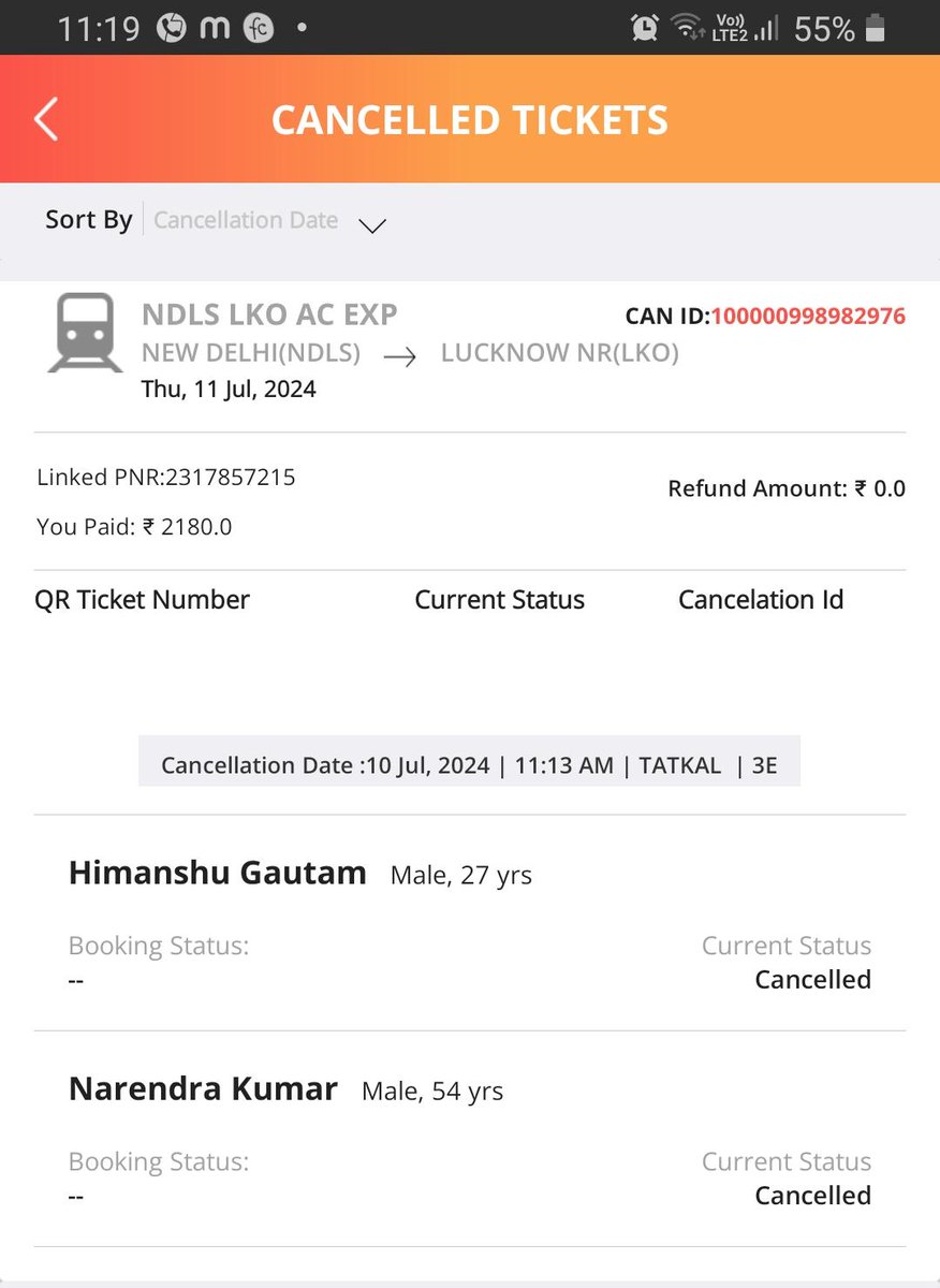 amit22m's tweet photo. @IRCTCofficial @RailMinIndia @GM_NRly @drm_dli PNR No-2317857215, Tatkal ticket cancelled by IRCTC without information, moreover refund was also not placed. Is this a justice ? https://t.co/NGL6ncnfY9