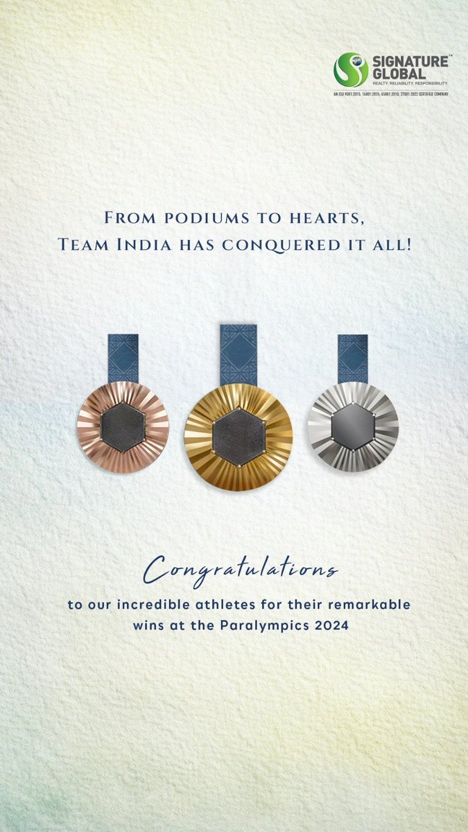 Signature Global (@signatureglobal) on Twitter photo 🏆 A big salute to our Indian Paralympians for bringing home Gold, Silver, and Bronze at the Paralympics 2024.
Your achievements embody the strength and resilience that build our nation's future.
#IndiaAtParalympics #BuildingExcellence #BuildingDreams #SignatureGlobal 🏆 A big salute to our Indian Paralympians for bringing home Gold, Silver, and Bronze at the Paralympics 2024.
Your achievements embody the strength and resilience that build our nation's future.
#IndiaAtParalympics #BuildingExcellence #BuildingDreams #SignatureGlobal