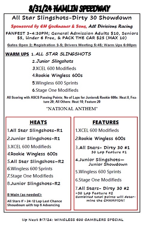 HamlinSpeed's tweet image. All Star Slingshots-Dirty 30 Showdown
Sponsored by EH Gochnauer &amp;amp; Sons, All Divisions Racing!