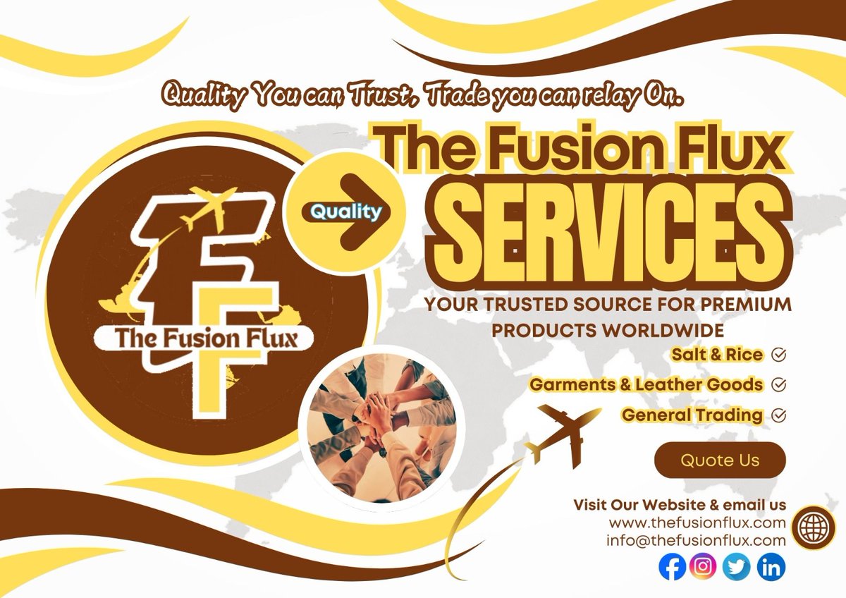 TheFusionF's tweet photo. Explore the fusion of quality, innovation, and reliability with The Fusion Flux! 🌍

#TheFusionFlux #GeneralTrading #SaltAndRice #Garments #LeatherGoods #QualityFirst #GlobalTrade https://t.co/C5duD4caSn