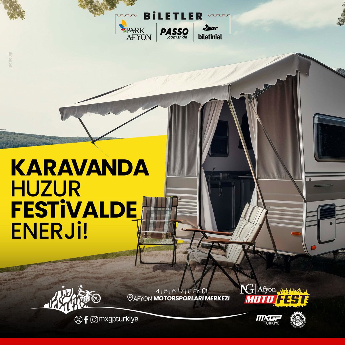 Karavanınla Gel, Evindeymiş Gibi Rahat Festivalin Tadını Çıkar! Biletini al, Maceraya Sen de Katıl!

📅 4-8 Eylül 2024
📍Afyon Motor Sporları Merkezi