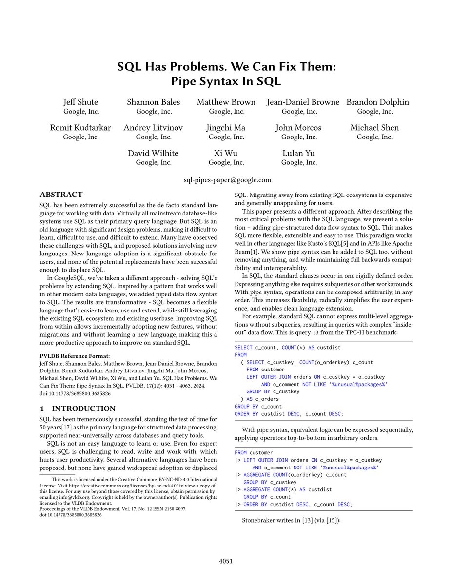 pvldb's tweet photo. Vol:17 No:12 → SQL has problems. We can fix them: Pipe syntax in SQL https://t.co/rGpqTYJHjp https://t.co/QXP3B69G3f