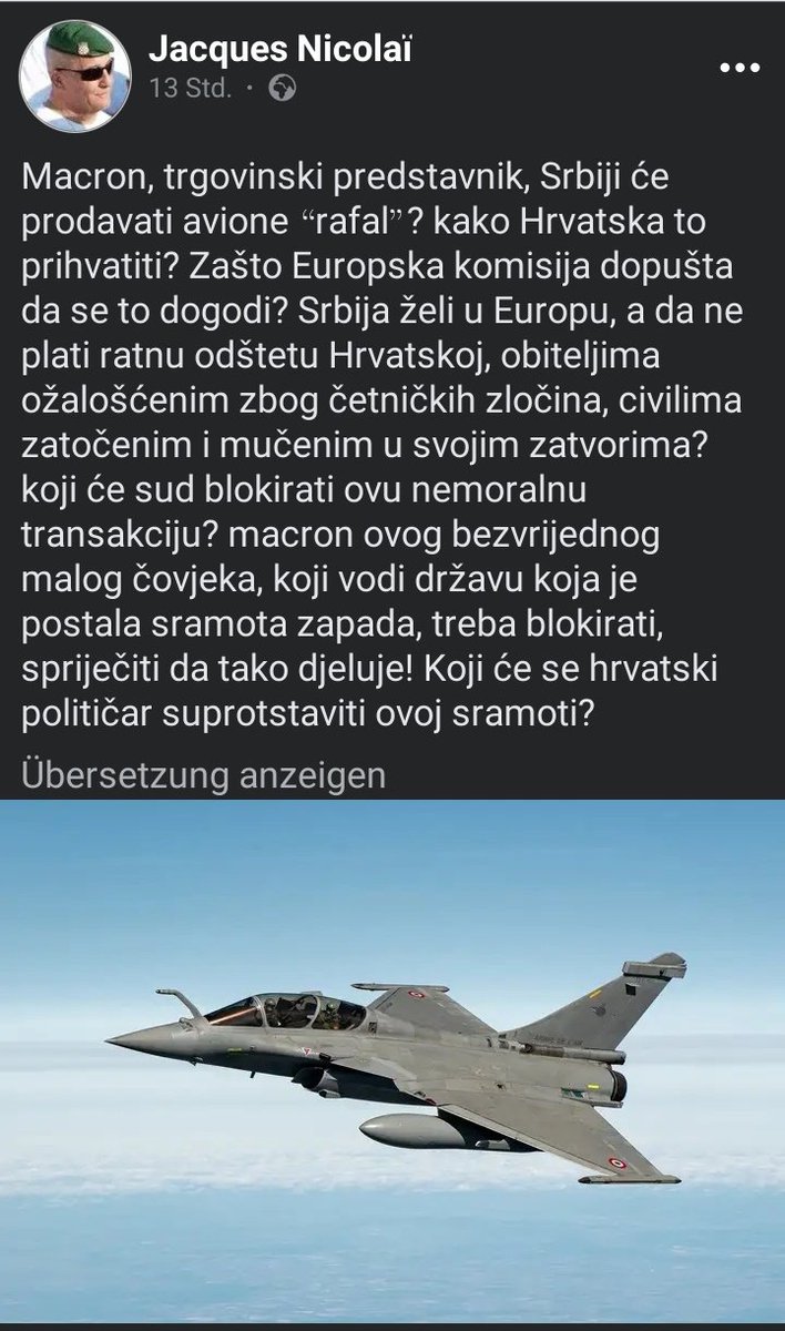 Generalissima12's tweet photo. "#Macron, the trade representative, will sell #Rafal aircraft to #Serbia? How can #Croatia accept this? Why is the #EuropeanCommission allowing this? 🇷🇸 wants to join #EU without paying #WarReparations to #Croatia, to mourning Families due to the #Chetnik crimes, & to ../2 https://t.co/SmyiA0bjXq