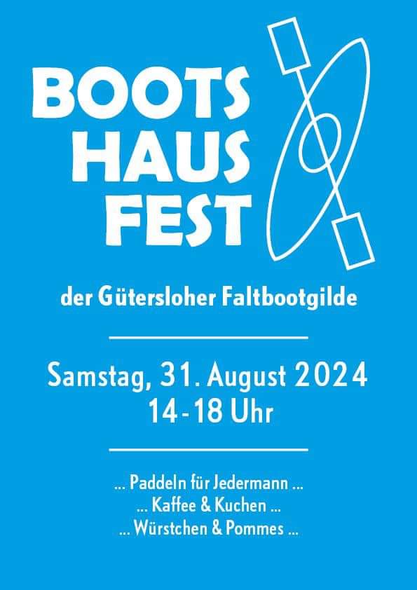 Heute (31.08.2024) ist das Bootshausfest der Gütersloher Faltbootgilde 1931 e.V.; von 14 - 18 Uhr kann auf der Ems am Bootshaus (Emser Landstraße 75, 33334 Gütersloh) gepaddelt werden, und für das leibliche Wohl ist auch gesorgt.