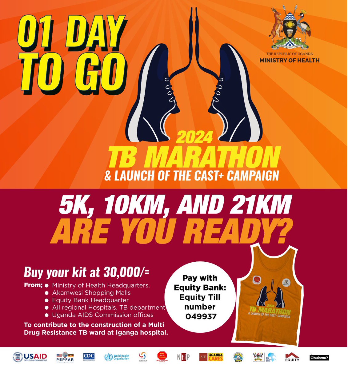 ObulamuUganda's tweet photo. Hey, @BobSekabira37,
Thanks for asking, the #Run2EndTBUg is happening tomorrow—1st September, and we shall set off from the @MinofHealthUG HQ (Plot 6 Lourdel road) at 7:00 AM.
The KM categories are;
🛣️ 5 KM
🛣️ 10 KM
🛣️ 21 KM
We hope to see you😎 https://t.co/SrpOrEGz4Z