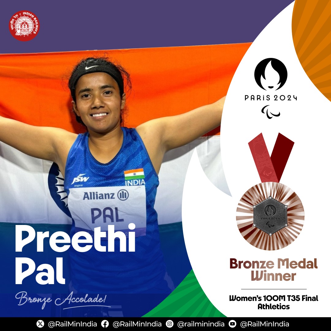RDSOLucknow's tweet photo. Dash for Bronze!

Congratulations to athlete Preethi Pal on winning the Bronze medal in Athletics Women's 100 T35 Final event at the Paris #Paralympics2024. https://t.co/tDBdwzrsKu
