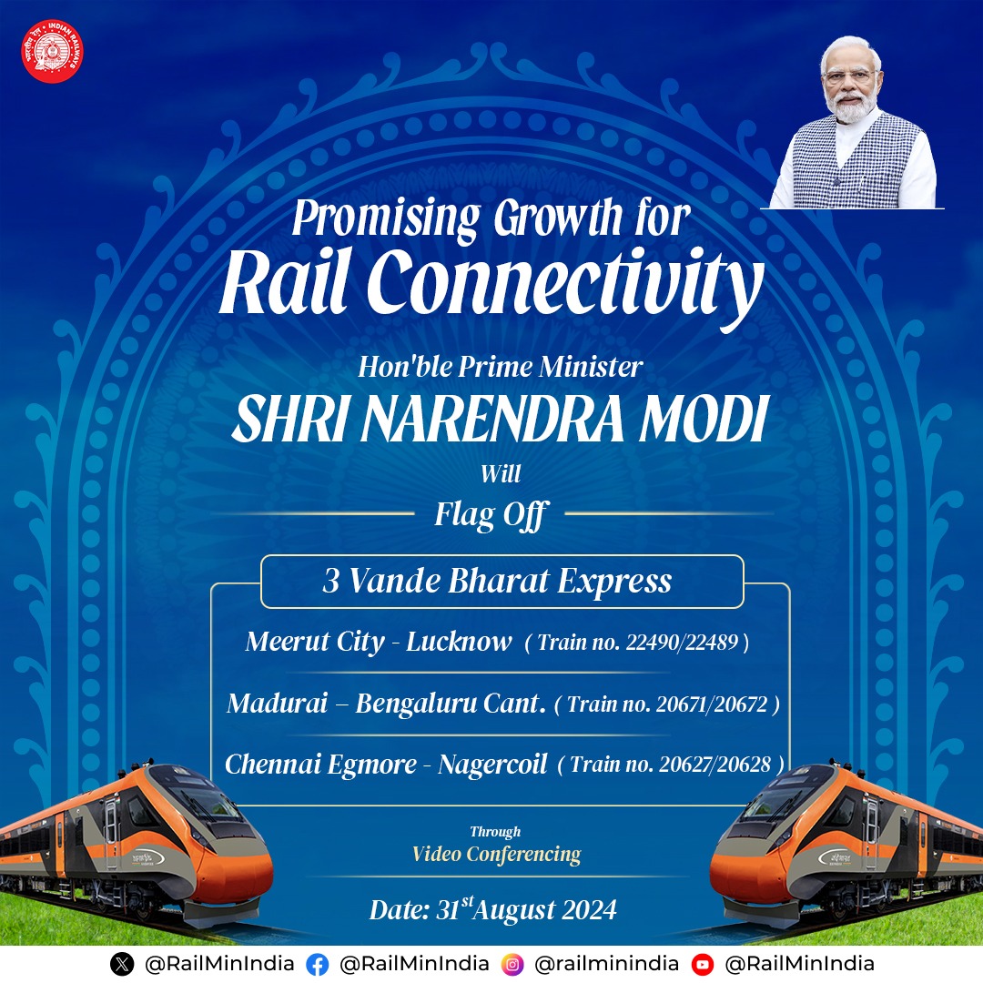 RDSOLucknow's tweet photo. Hon’ble PM Shri @NarendraModi will flag off 3 #VandeBharatExpress trains, strengthening Rail network in the nation. 

Watch Live: https://t.co/lxnebVfcSs
Source : @RailMinIndia https://t.co/pnWjb32czV