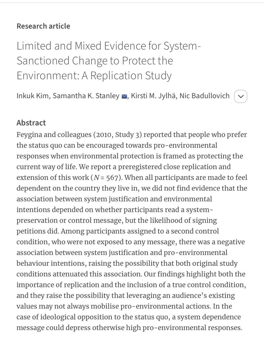 KimInkuk's tweet image. Is system preservation framing more effective at promoting pro-environmental responses among people high in system justification? 
See our close replication and extension of Feygina et al. (2010, Study 3) in @irsp_rips. 
doi.org/10.5334/irsp.8…