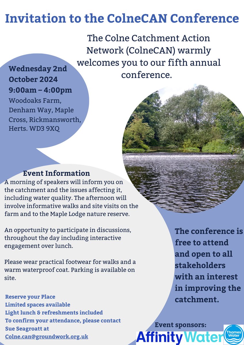 ColneCAN's tweet photo. Come to the ColneCAN Conference on Wednesday 2nd October at @FarmWoodoaks #MapleCross #Rickmansworth β find out about the work of the Catchment Partnership and get involved. Talks, much networking and a walk in the afternoon. More details here
https://t.co/S3igTItteR https://t.co/w8i1cNS9MS