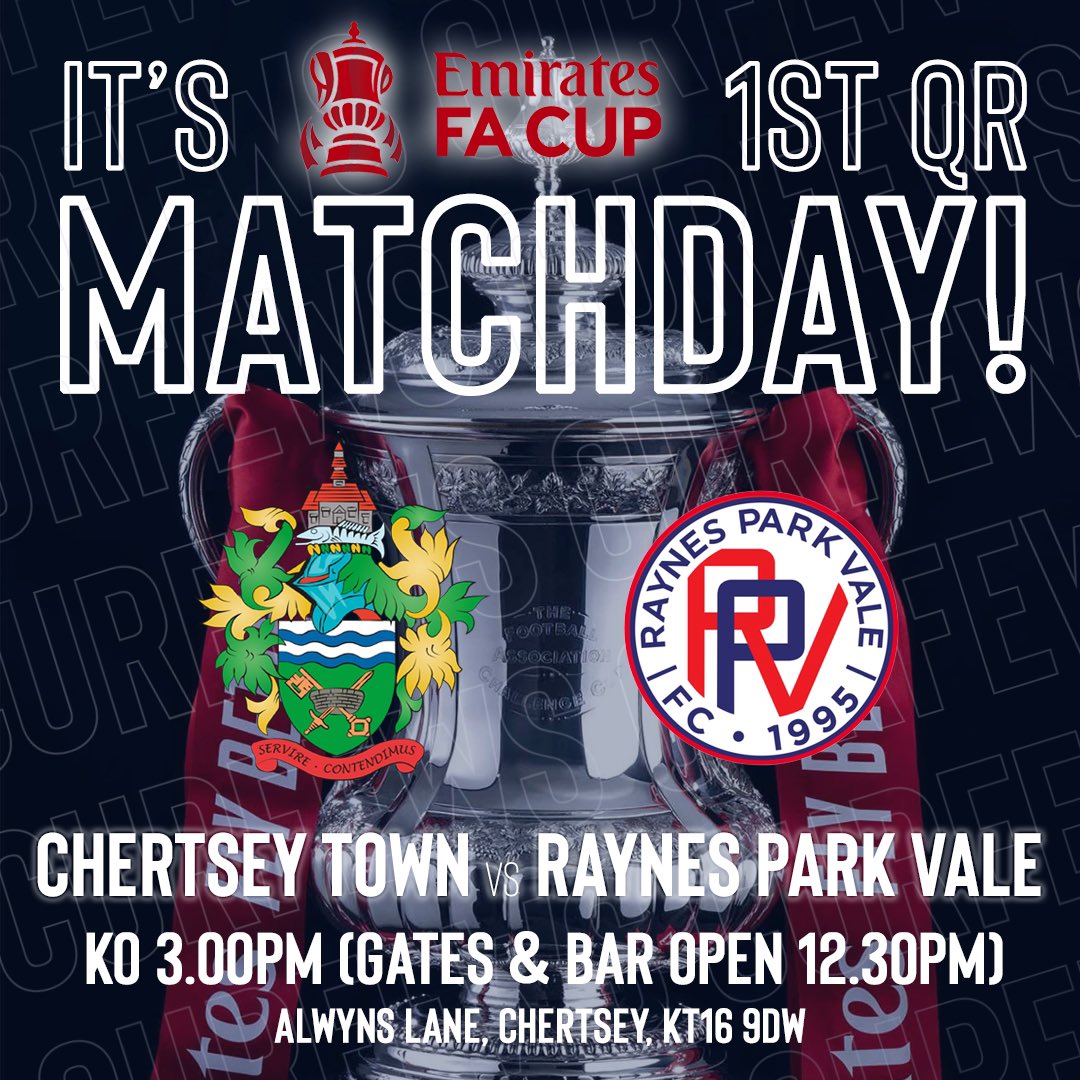 🏆 IT’S MATCHDAY ⚽ and our FA Cup journey starts at Alwyns Lane.
🗓️ Sat 31st Aug
🆚 <a href="/RPVFC/">Raynes Park Vale FC</a> 
🏆 FA Cup-1st QR
🏟️ Alwyns Lane, Chertsey, KT16 9DW
🕒 3pm KO (Gates 12.30pm)
🎟️ £12 Adults | £8 Conc | £3 U18s
Please book tickets in advance to ease the queues: app.fanbaseclub.com/Fan/Tickets/Se…