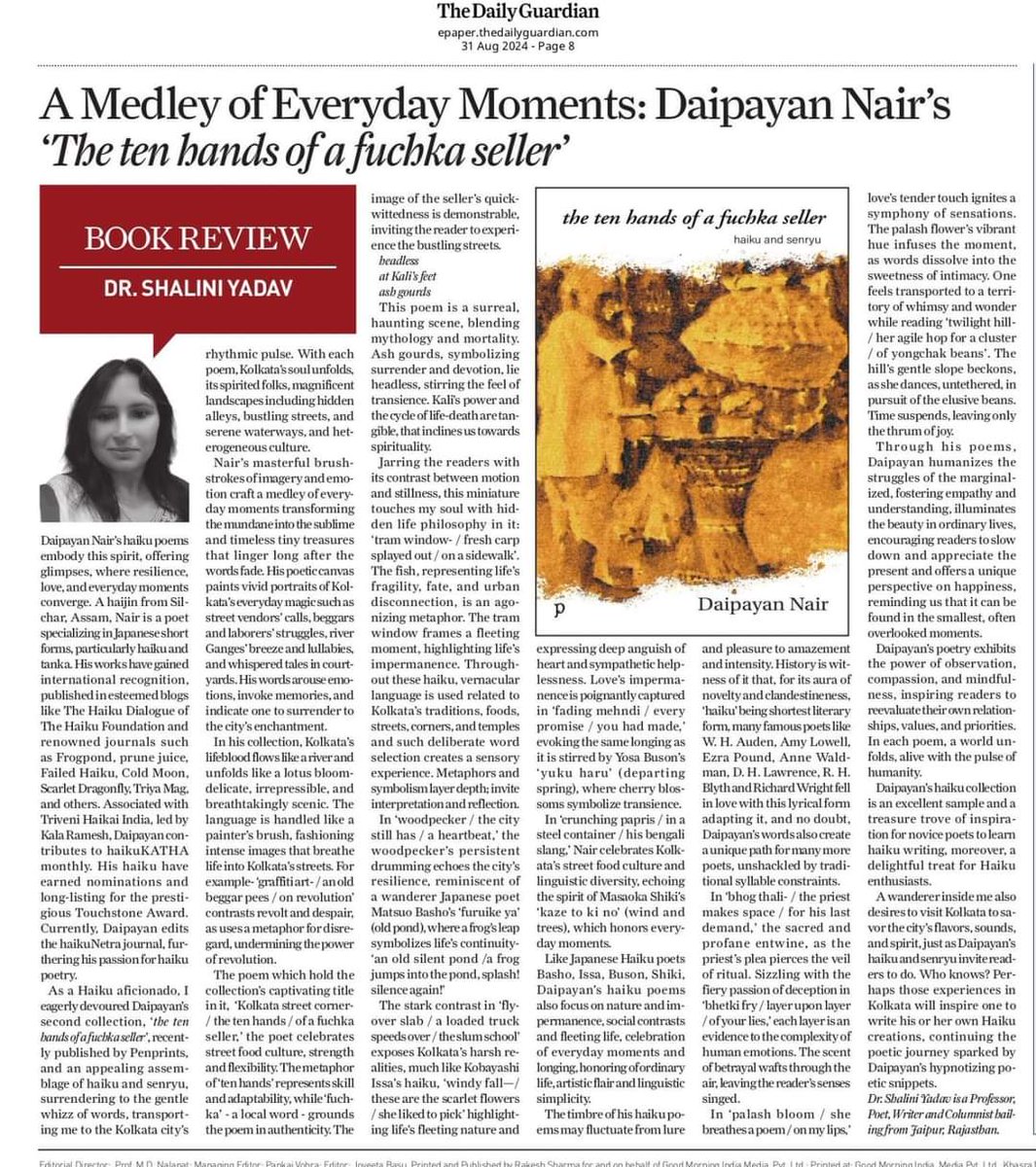 The Daily Guardian carries a comprehensive review of 𝑡ℎ𝑒 𝑡𝑒𝑛 ℎ𝑎𝑛𝑑𝑠 𝑜𝑓 𝑎 𝑓𝑢𝑐ℎ𝑘𝑎 𝑠𝑒𝑙𝑙𝑒𝑟 by Dr. Shalini Yadav. 

thedailyguardian.com/a-medley-of-ev…

epaper.thedailyguardian.com/view/1334/the-…