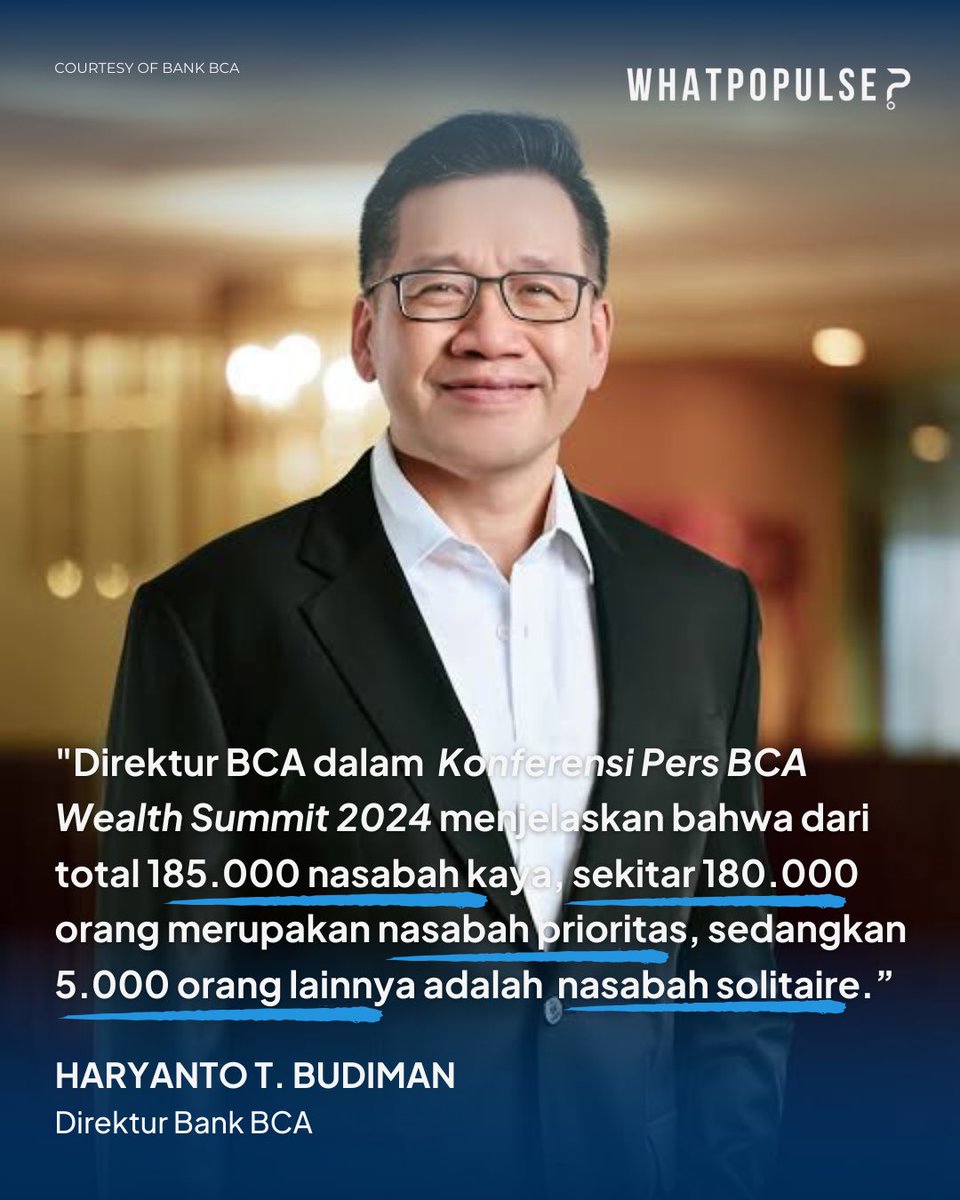 whatpopulse's tweet photo. BCA revealed that by July 2024, they have 185,000 customers with over Rp1 billion in their accounts—5,000 with Solitaire status and 180,000 as Priority clients. BCA’s Director, Haryanto T. Budiman, shared this during the BCA Wealth Summit 2024.

#WhatPopulse #BCA #Indonesia https://t.co/h6HxdXls1S