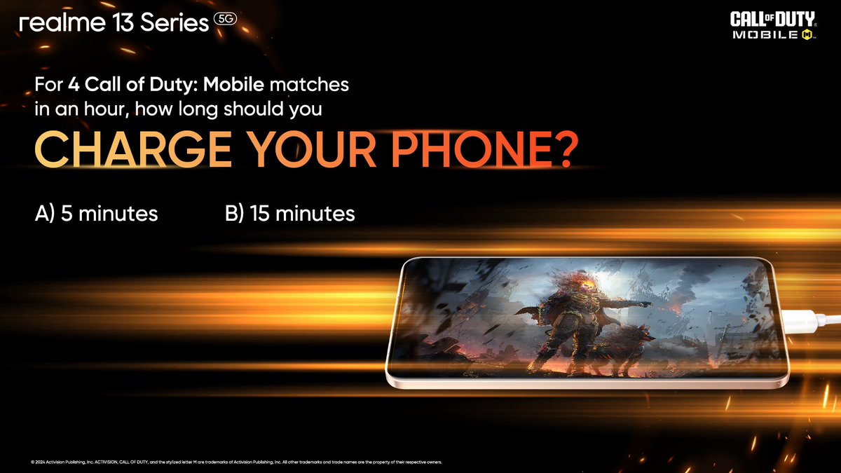 Running low on battery just when you’re about to dominate in the battlefield?

With the #realme13Series5G, you’ll be back in the game faster than you think. 

Share your answers and win* #realme13Plus5G

Know more: bit.ly/3Xl3z7Y

#UnmatchedSpeed #SpeedAhead