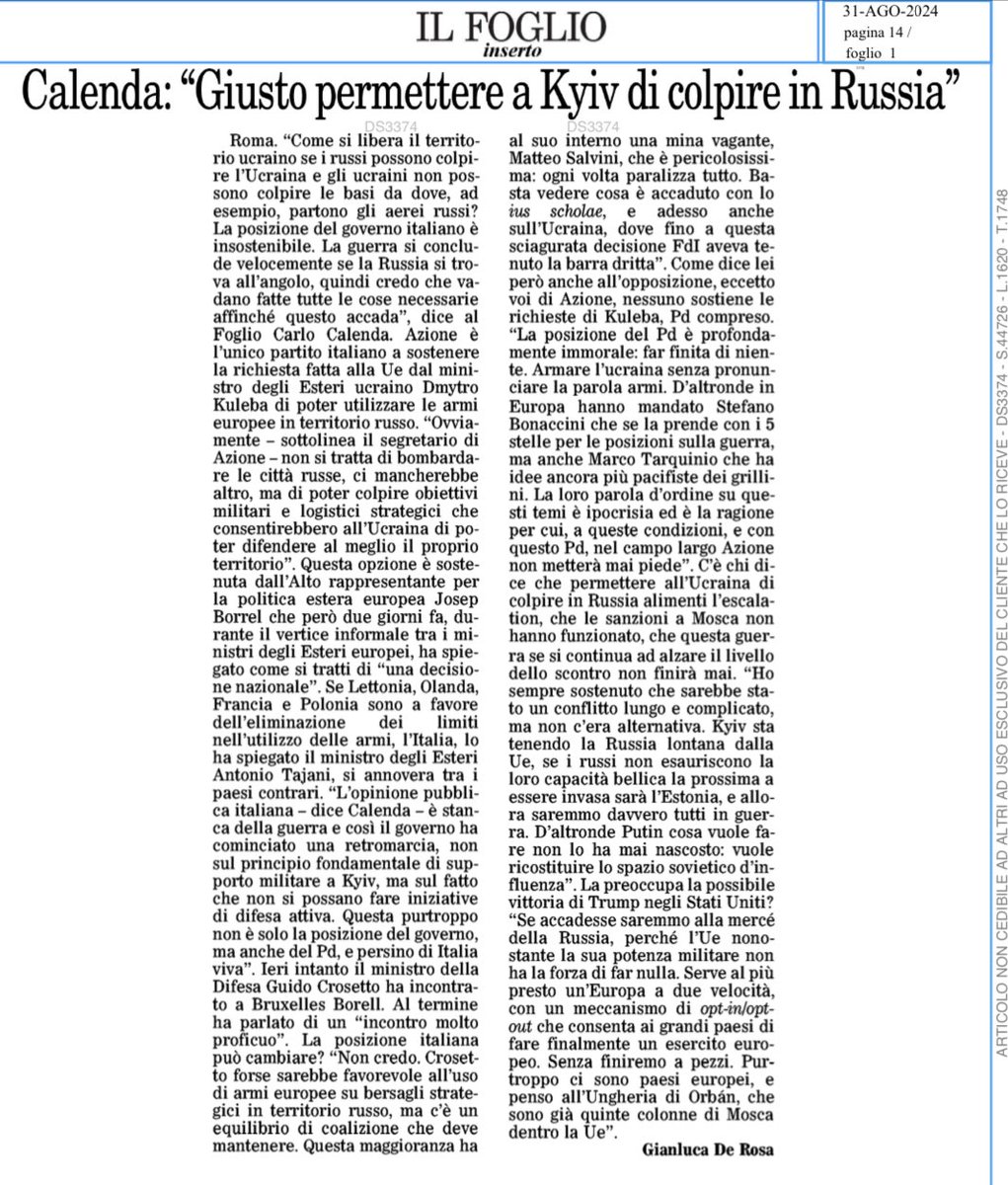 CarloCalenda's tweet photo. .⁦@Azione_it⁩ è l’unico partito italiano favorevole a consentire agli ucraini di colpire obiettivi militari sul suolo russo. La guerra finirà solo quando i russi avranno esaurito la loro capacità offensiva. E solo quando questo accadrà l’UE sarà al sicuro. https://t.co/ZdCNELDa1V