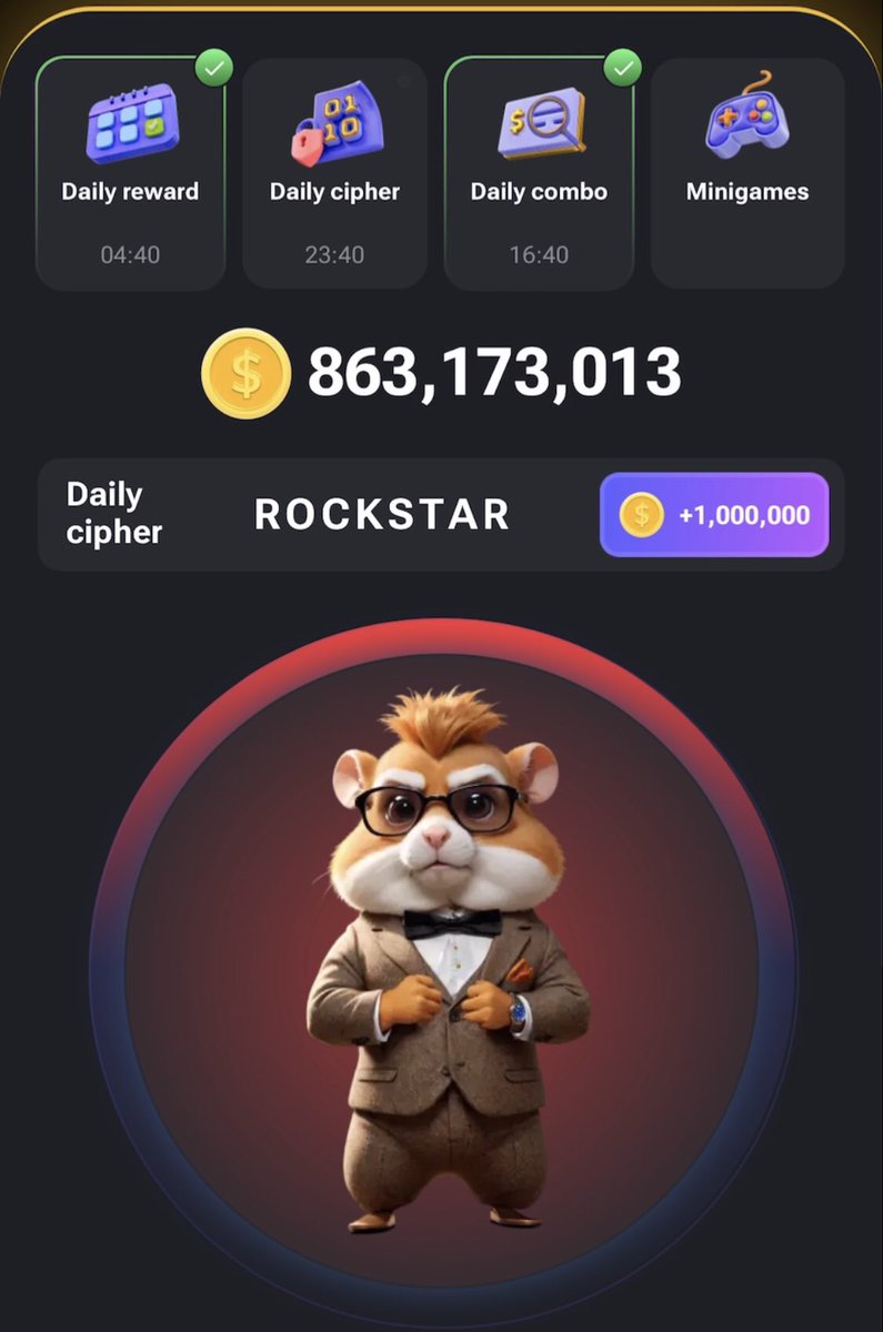 Hamster kombat All in one‼️

✅Daily combo
✅Daily cipher
✅Mini game

R: ● ▬ ●
O: ▬ ▬ ▬
C: ▬ ● ▬ ●
K: ▬ ● ▬
S: ● ● ●
T: ▬
A: ● ▬
R: ● ▬ ●

🐹 #hamsterkombat #HAMSTER #dailycombo #minigame