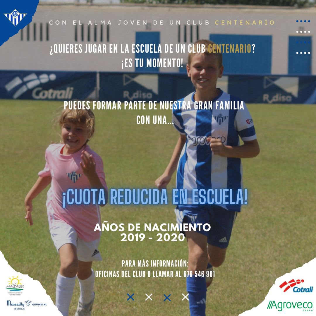 ⚽ ¡DESCUBRE EL MUNDO DEL FÚTBOL PARA LOS MÁS PEQUEÑOS! ⚽

Niños nacidos en 2019 y 2020 con una CUOTA REDUCIDA.

Diversión, juegos, desarrollo social y clases adaptadas.

Para más información llamar al teléfono 676546901, contacta a través de redes o en las oficinas del club.
