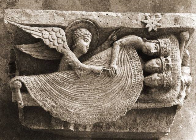 Back in the 12th century, French sculptor Gislebertus carved this angel as (s)he appears to the three Magi as they dream, waking one with the delicate touch of a finger, and pointing her other forefinger toward the Bethlehem star (Cathedral of St Lazare at Autun)